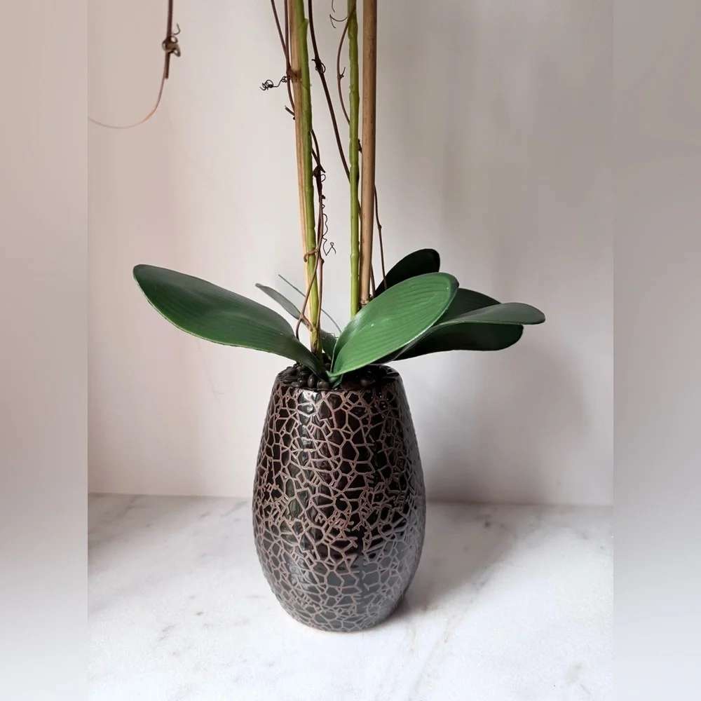 artificial white Phalaenopsis orchid arrangement in a brown textured vase 27”….